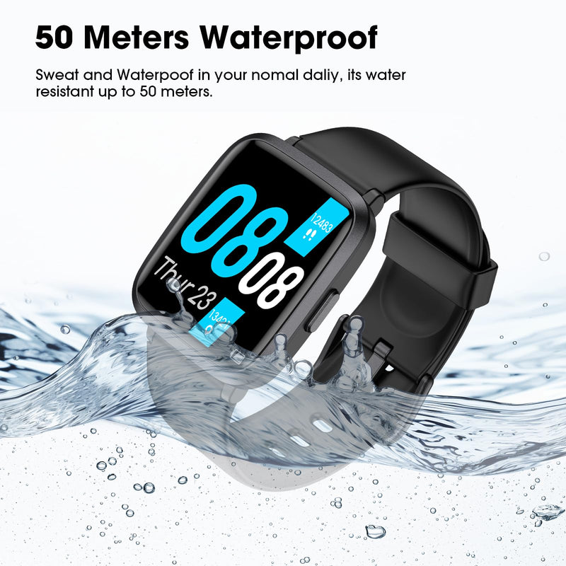 [Australia] - Fitness Tracker, Fitness Watch with Blood Oxygen, Blood Pressure & Heart Rate Monitor, Steps Calories Counter, Sleep Monitor, Pedometer 50 Meters Waterproof, Smart Watch for Android iPhones Black 