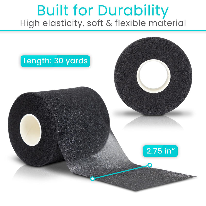 Vive Pre Wrap Athletic Tape (4 Pack - 2.75" Wide) - Prewrap Sports Strips (120 Yards) for Hair, Soccer, Injuries, Ankles, Football, Wrists, Lacrosse, Boxing, Baseball - Breathable, Non-Adhesive Black