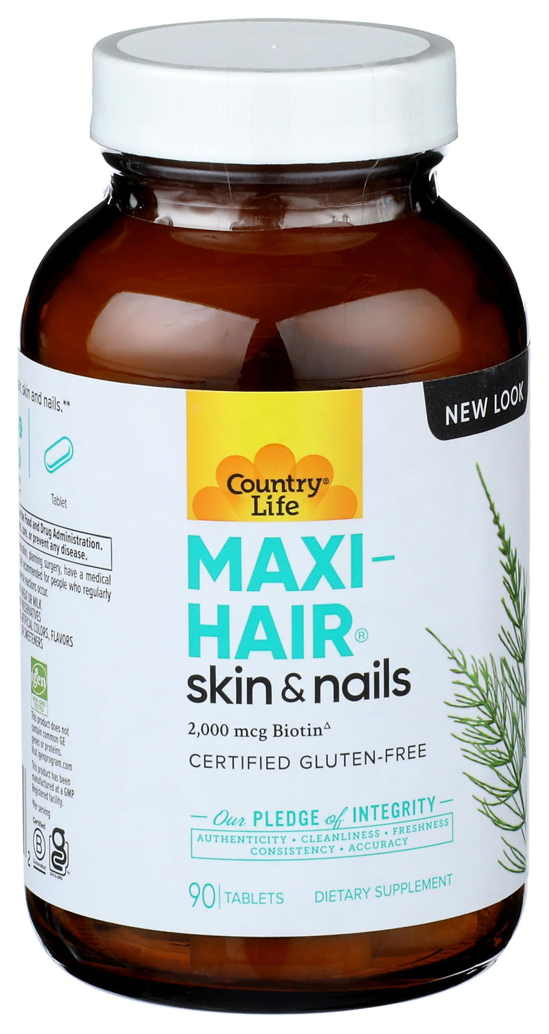 Country Life Maxi-Hair 2,000 mcg Biotin, Hair Skin Nails, 90 Tablets | 2,000 mcg biotin plus vitamins, minerals and Maxi Blend supports healthy hair, skin and nails. Unflavored 90 Count (Pack of 1)