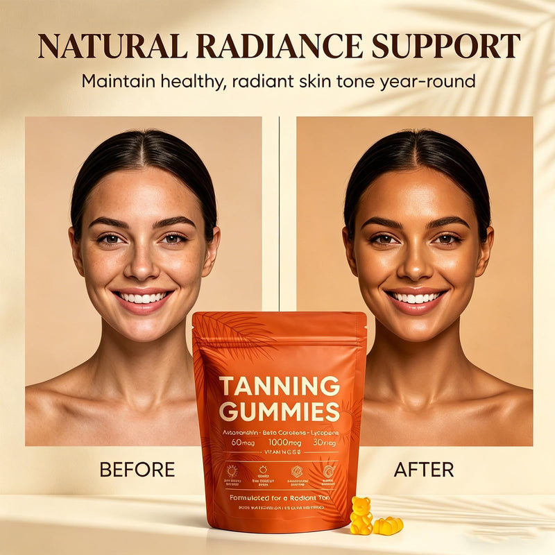 Tanning Gummies Fast Tan Without Sun, Antioxidant with Beta Carotene, Astaxanthin, Lycopene & Vitamins C&E, Sunbed Tanning Accelerator,Tanning Gummies for Sunless Glow, 60 Capsules(1 Bag)