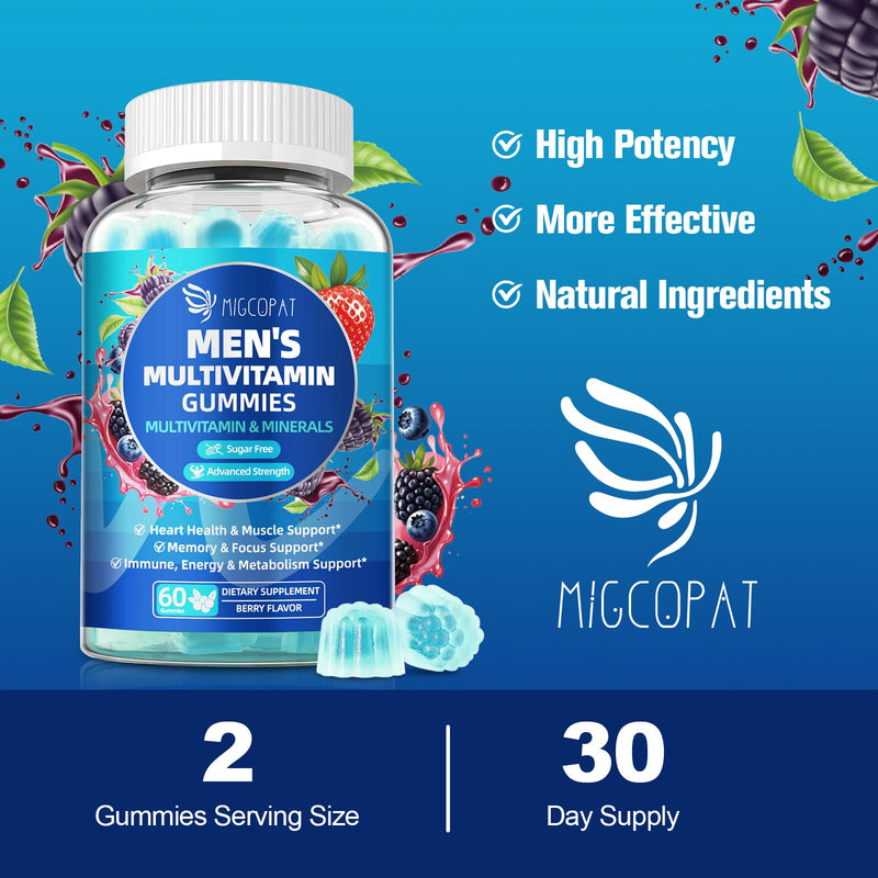 Migcopat 2-Pack Multivitamin for Men, Mens Multivitamins Gummies w/Omega-3, Probiotics, Inositol, Folate, Male Support Blend, Vitamins A, C, D, E, B - Support Heart, Brain, Muscle, Energy, Sugar-Free 120 Count (Pack of 1)