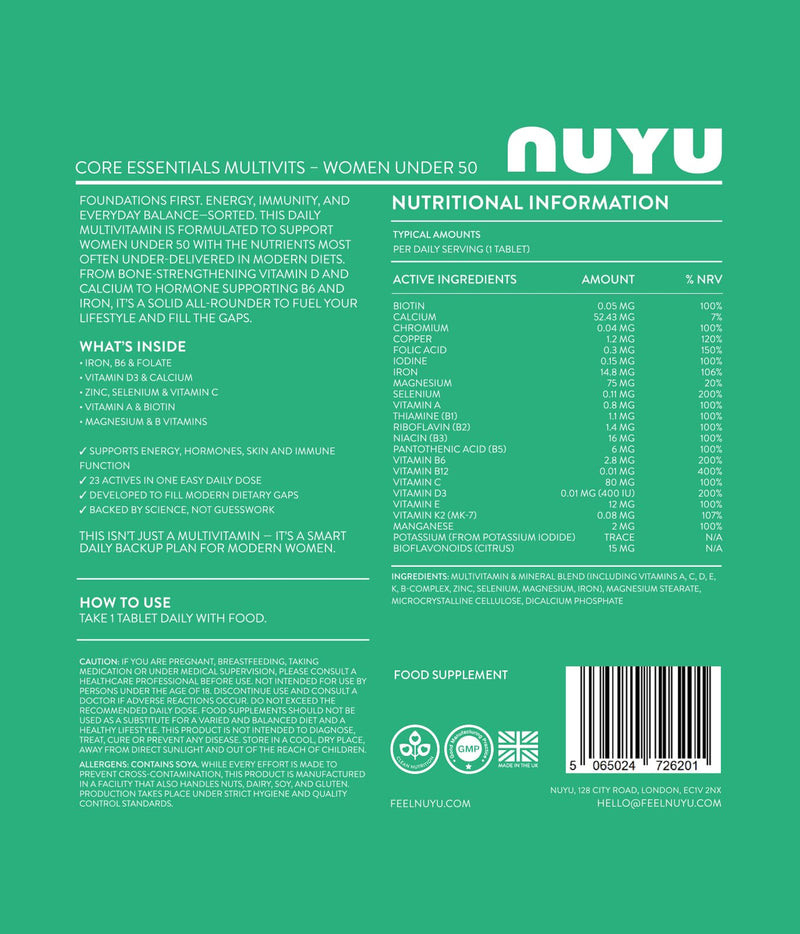 NUYU Core Essentials MultiVits Tablets for Women Under 50 - High Strength Daily Vitamins & Minerals with Iron & Magnesium - Energy, Immunity & Vitality Support. One-a-Day, 2 Month Supply.