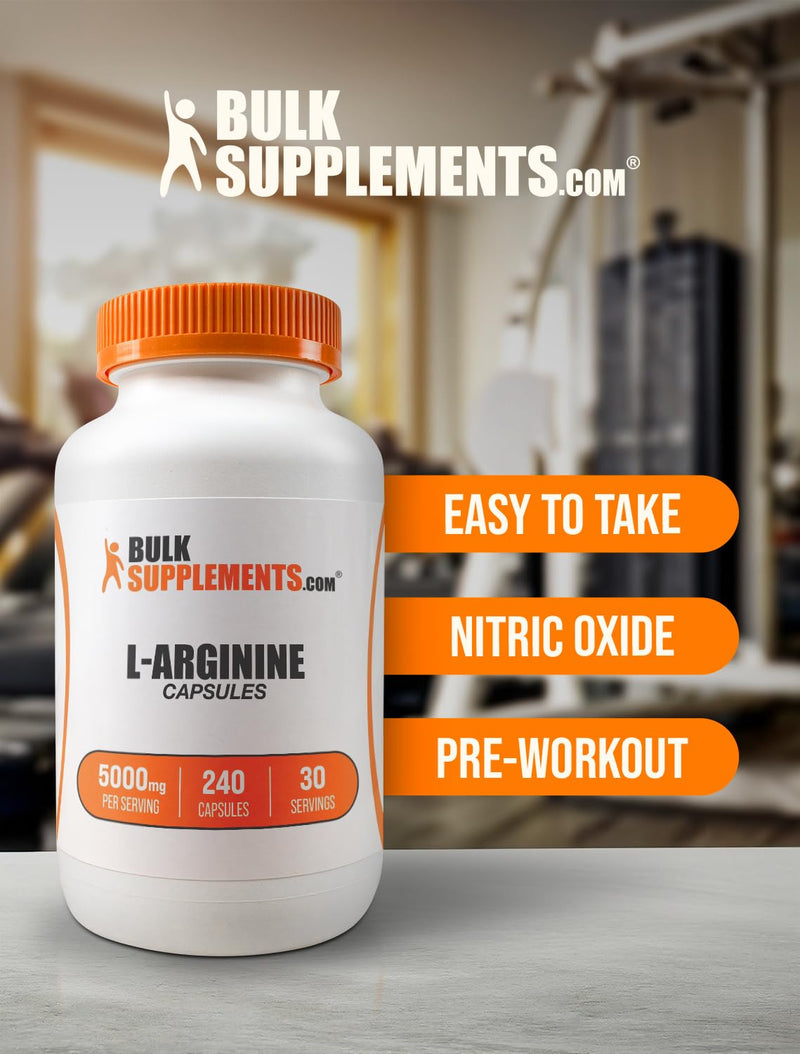 [Australia] - BulkSupplements.com L-Arginine 5000mg Capsules - Arginine Supplement, Nitric Oxide Supplement, L-Arginine Capsules - Gluten Free, 8 Capsules per Serving, 240 Capsules (Pack of 1) 