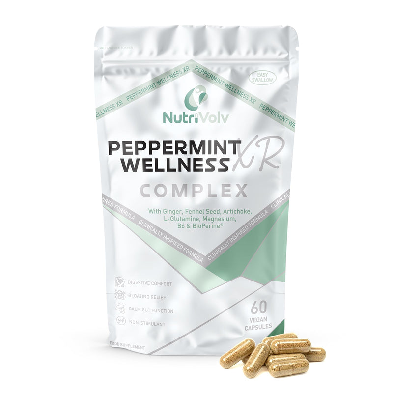 Peppermint Wellness XR Complex | 60 Vegan Capsules | Digestive Comfort, Bloating Relief, Calm Gut Function & Post-Meal Ease | Peppermint Oil, Ginger, Fennel, L-Glutamine, Magnesium & B6 | by NutriVolv