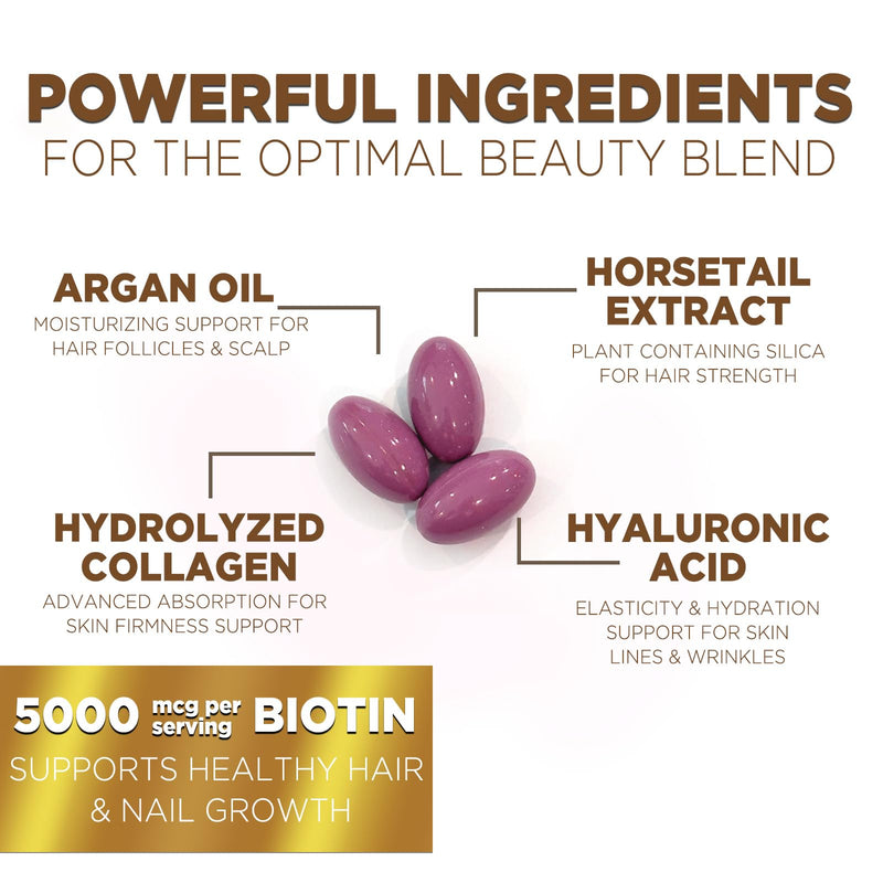Hair Skin and Nails Vitamins for Hair Growth - Biotin 5000mcg Per Serving - Extra Strength Collagen, Argan Oil & Hyaluronic Acid - Best Beauty Supplement for Women & Men - USA Bottled - 120 Softgels 120 Count (Pack of 1)