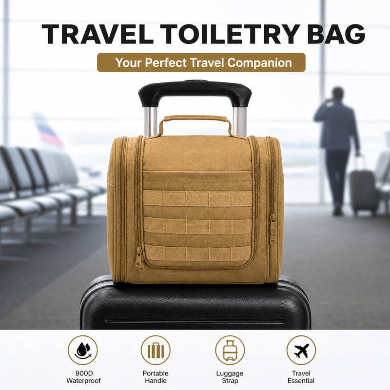 Hanging Toiletry Bag for Men, Mens Travel Toiletry Bag Dopp Kit with Hook | Large Tactical Toiletry Bag,Dry & Wet Pockets,Shower Bag for Toiletries,Travel Hygiene Shaving Bathroom Organizer Bag Khaki