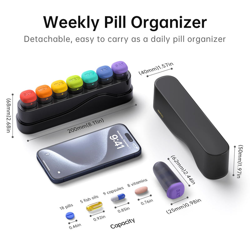 [Australia] - Weekly Pill Organizer 1 Time a Day, Detachable Pill Box 7 Day, Travel Pill Case, Once Daily Medication Dispenser, Week Pill Holder Container for Vitamin, Medicine, Supplement, Pillbox, Black 