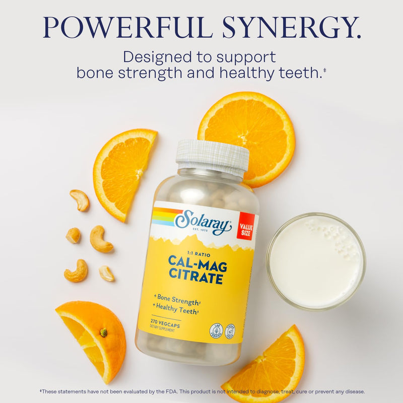 Solaray Calcium Magnesium Citrate 1000mg 1:1 Ratio, Bone Strength Supplement, Muscle, Nerve and Bone Health Support, Chelated for High Absorption, 60-Day Guarantee, 45 Servings, 270 VegCaps | Bone, Muscle, Teeth & Nerve Support, Calcium & Magnesium Cit...