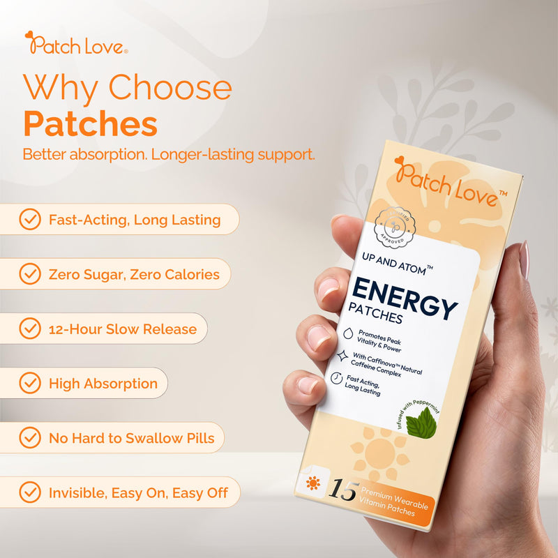 Energy Patches with Caffeine for Daily Energy Support - Wearable Energy Patch with Green Tea, Taurine & B Vitamins - No Crash Energy - Transdermal Daily Patch - Vegan - 15 Patches - Made in UK