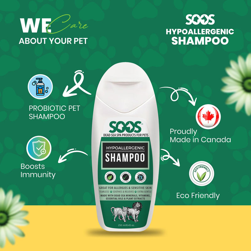 Soos Pet Shampoo Hypoaller-genic Cat and Dog Shampoo Natural Dead Sea Minerals Fast Absorbing Soothes Skin Irritation with Vitamins Essential Oils - 1 Pack (250ml) - PawsPlanet Australia