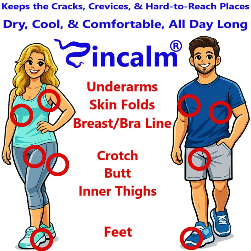 Zincalm All-Natural Body & Foot Powder, Concentrated 50% Zinc, Cornstarch-Free Moisture/Odor Absorbing Anti-Chafing/Friction, Itch Relief Formula for Dry/Cool Skin with Ultra-Pure Calcium & Menthol