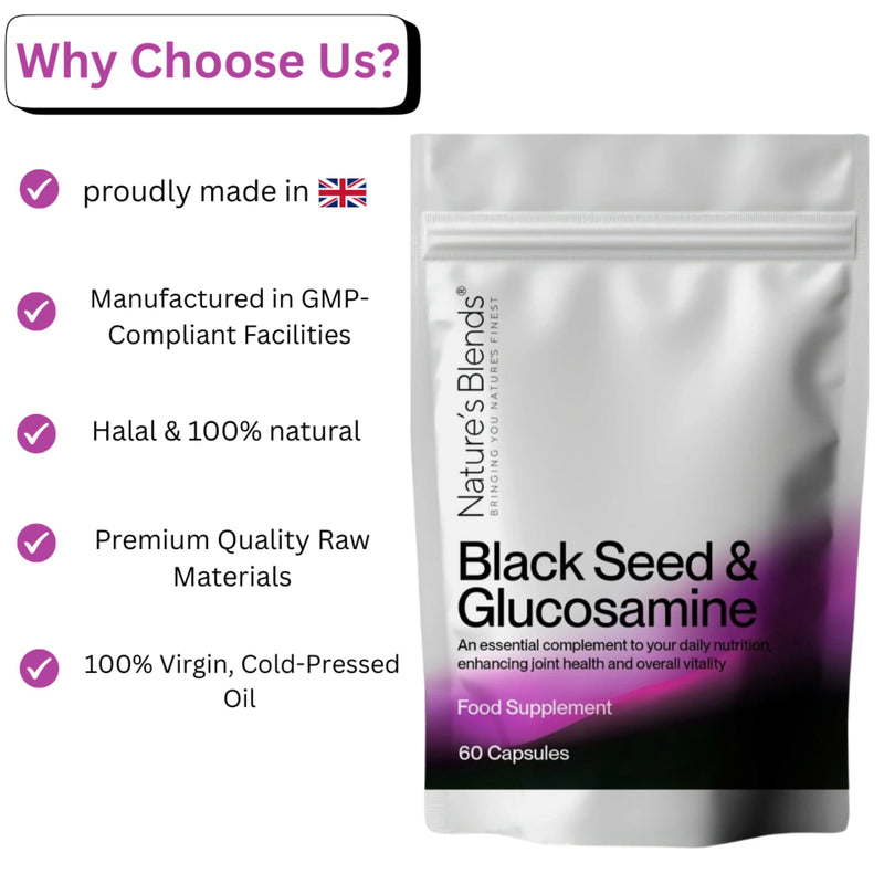 Nature’s Blends Black Seed Oil Capsules 500mg - Cold Pressed Nigella Sativa Capsules with Glucosamine – High Strength Omega 6 & 9 for Immune Support, Hair & Joint Health – 60 Softgels