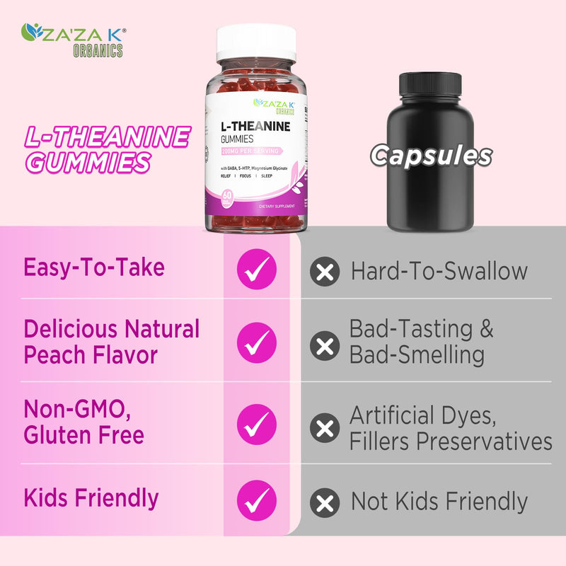 [Australia] - ZA'ZA K ORGANICS L-Theanine 200mg Gummy, L Theanine Supplement Gummies with GABA, 5-HTP & Magnesium Glycinate for Adults and Kids, Stress & Focus Support, Vegan Peach Flavor, 60 Chewable 