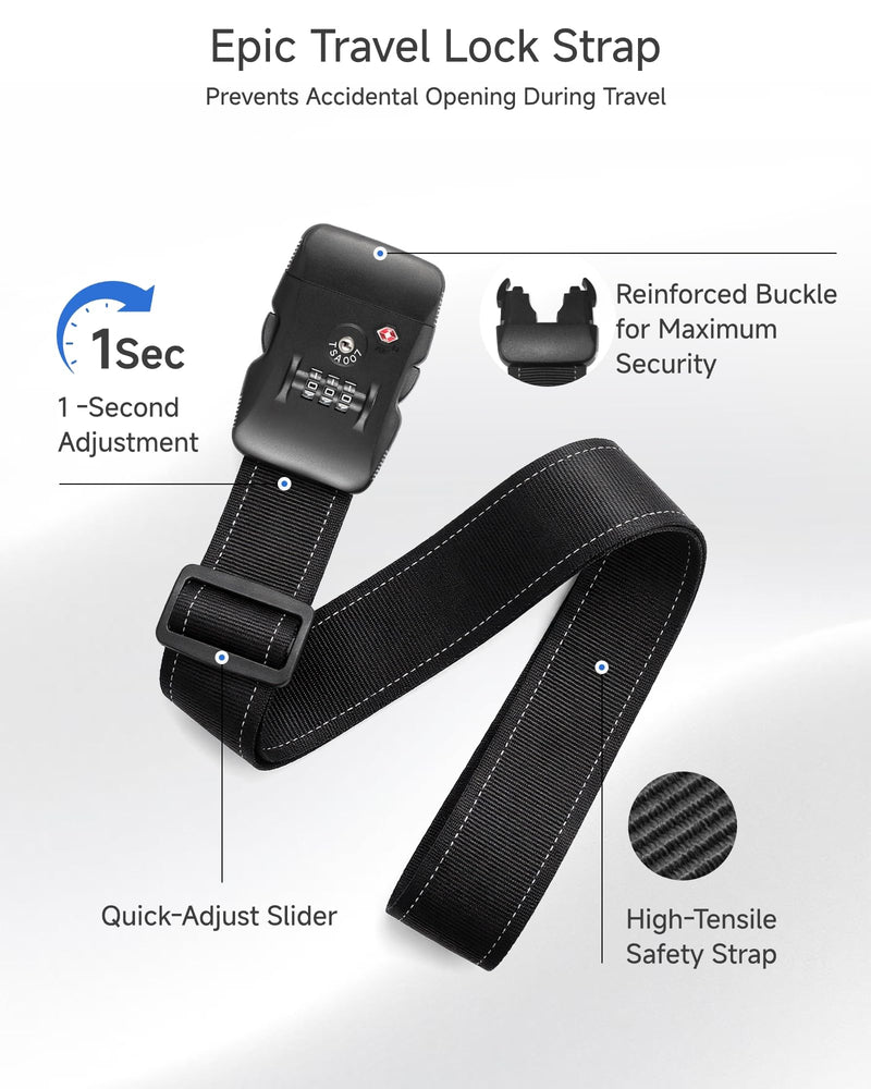 LUGGEX TSA Luggage Lock Bundle 6 Pack+Luggage Straps TSA Approved 2 Pack, Travel Essentials Kit (Black)