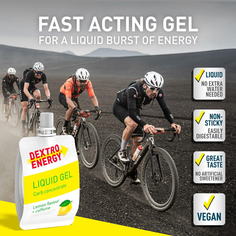 Dextro Energy Lemon Energy Gel | Non-Sticky Fast Acting Drinkable Liquid Energy | a Quick Burst of Glucose with Caffeine | 28g of Carbohydrates | for Running or Cycling | Vegan I Pack of 12 Lemon and Caffeine Energy Gel