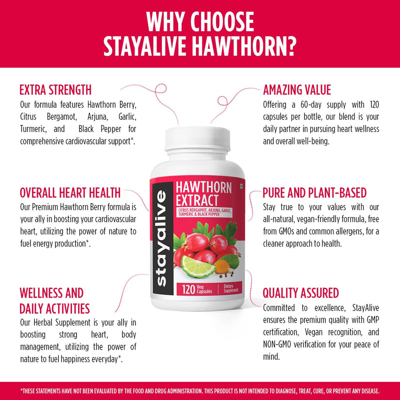 [Australia] - STAY ALIVE Extra Strength Hawthorn Berry Capsules, 20:1 Extract, 6-in-1 Antioxidant w/Citrus Bergamot, Turmeric Root Powder, Garlic, Arjuna & Black Pepper, 120 Vegan Pills, Hawthorne Berry Supplement 