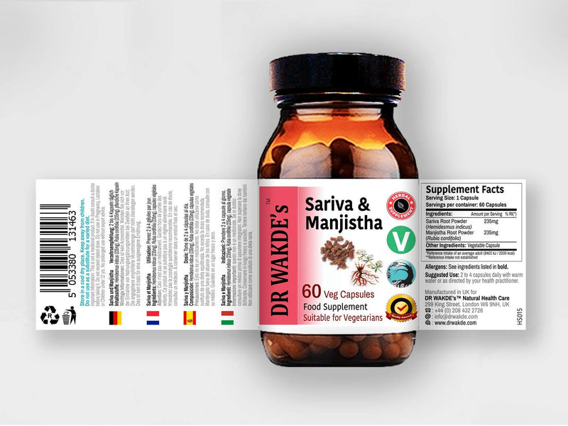 DR WAKDE'S Sariva & Manjistha Capsules (60 Veg Caps, Detoxifying Herbs, Supports Healthy Skin, Ayurvedic Supplement, Vegan, Herbal, All Natural, Made in UK)