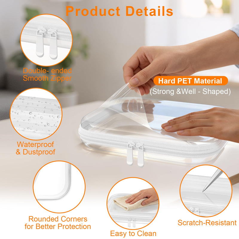 Clear Hard Shell Storage Bag 3 Pcs Waterproof PET Travel Cosmetic Organizer | Multi-size Plastic Zipper Pouch Crush-proof Makeup Box Fits Cosmetics,Toiletries for Travel,Home,Outdoors