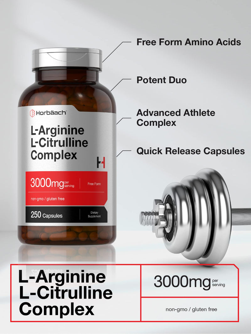 Horbäach L-Arginine L-Citrulline Complex | 3000mg | 250 Capsules | Non-GMO, Gluten Free Supplement 250 Count (Pack of 1)