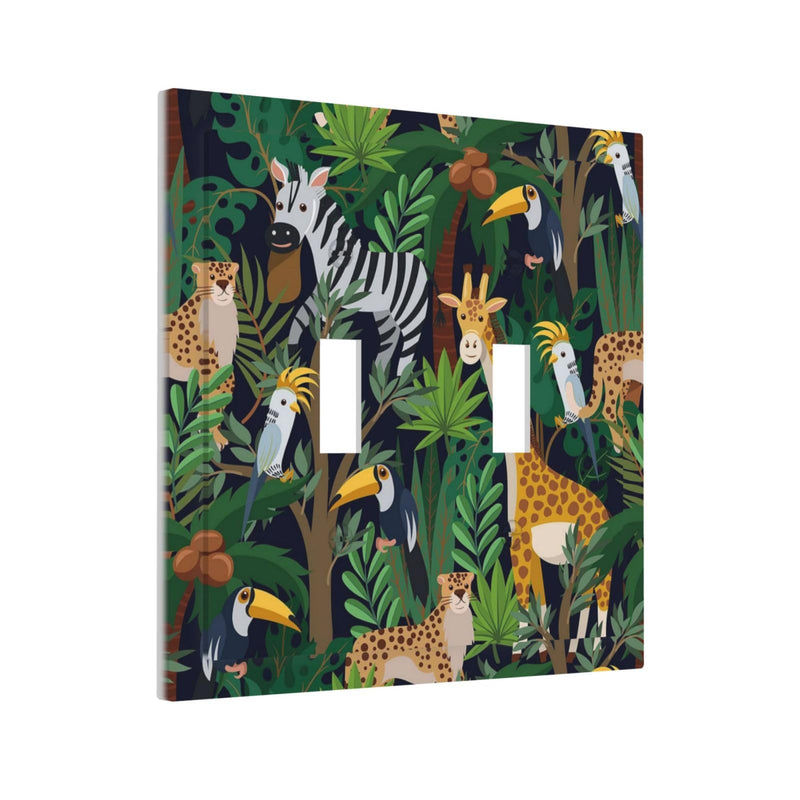 [Australia] - Cartoon Animal Zebra Leopard Giraffe Bird Leaf Double Toggle Nursery Light Switch Covers Decorative 2 Gang Wall Plate Dual Electrical Faceplate Switchplate for Kidroom Living Room Decor 2-Gang Toggle / 5 x 4.9 IN 