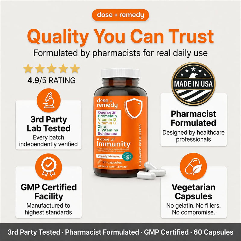 Dose of Immunity Immune Support Supplement & Booster for Adults Zinc 180ct | 7-in-1 immune system support: Quercetin, Bromelain, Vitamin C, D3, Zinc, Echinacea & B Vitamins. Vegan, non-GMO, made in USA 3 Pack Adult (180 Count)