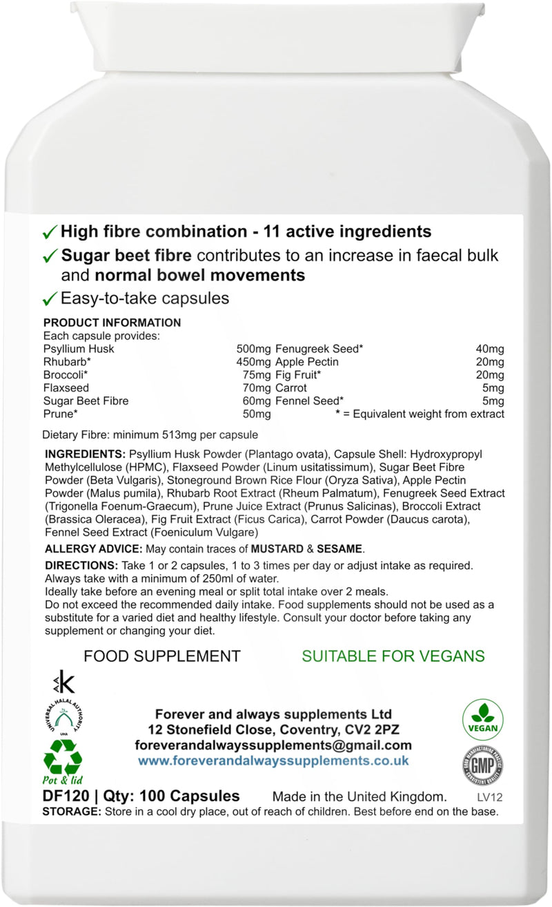LetGo Fibre Complex, Psyllium Husk, Rhubarb, Flaxseed, Sugar Beet, Soluble & Insoluble Fibre, Vegan High Strength 500mg Per Capsule, Digestive, Gut & Bowel Support, Forever & Always Supplements