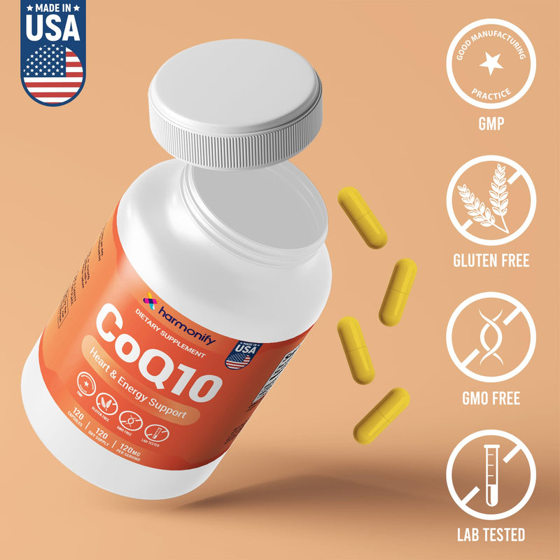 CoQ10 Capsules 120mg High Absorption Coenzyme Q10 - Heart & Energy Support 120 Capsules for 120 Day Supply - Made in USA, Lab Tested, Gluten Free