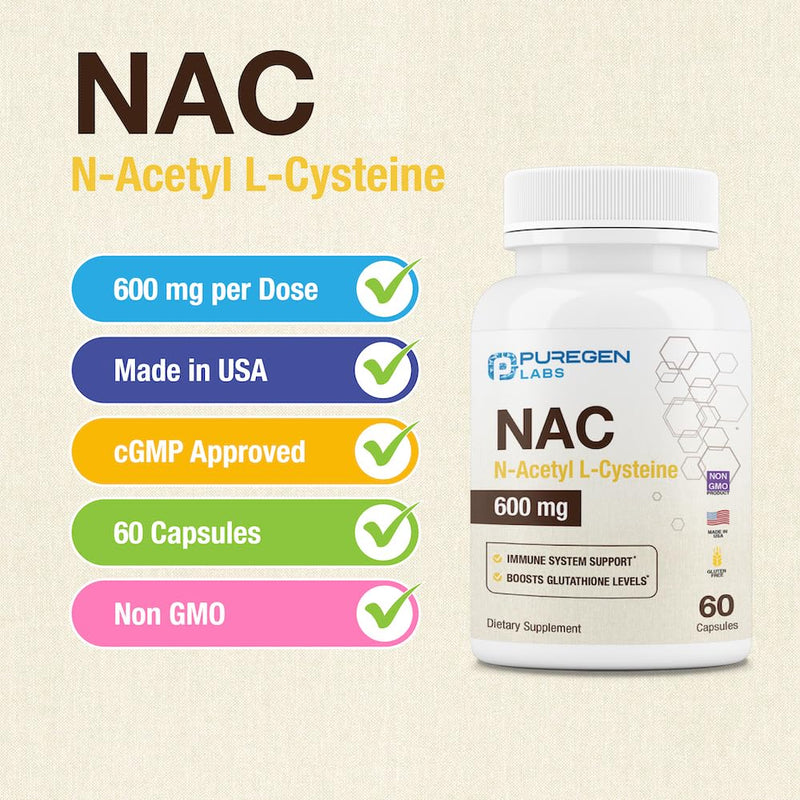 [Australia] - Puregen Labs N-Acetyl-L-Cysteine (NAC) 600mg, Supports immune, respiratory, liver health, NAC 600 mg, potent antioxidant support, free-radicals, easy to absorb - 60 Vegetarian Capsules 1 