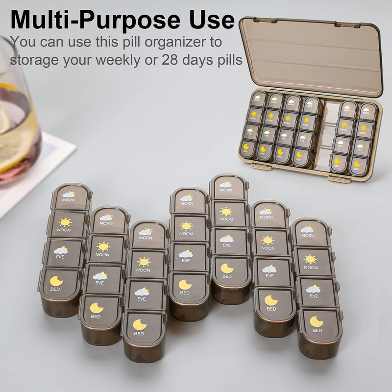 Acedada Pill Organizer 4X A Day, 7 Day Pill Box 4 Times A Day, Brown | Large Weekly Pill Box, Travel Medicine Organizer Case, Easy to Open, Daily Pill Container for Vitamin, Fish Oil, Supplements