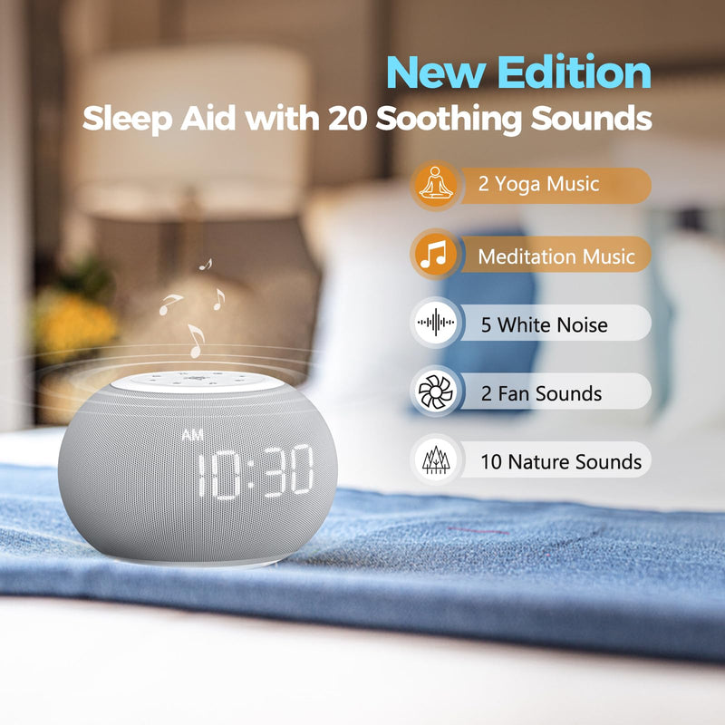 [Australia] - Reacher Auto-Dimmable Sound Machine Alarm Clock with Night Light, 20 Soothing Sounds, LED Digital Display, Sleep Timer, Precise Volume Control, White Noise Soother for Baby, Adults, Bedrooms A-grey 