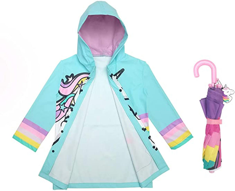addie & tate Kids Umbrella for Girls and Boys & Rain Coats Set -Toddler Umbrellas Kids Raincoat Boys Girls Jacket 5-7 Years Unicorn