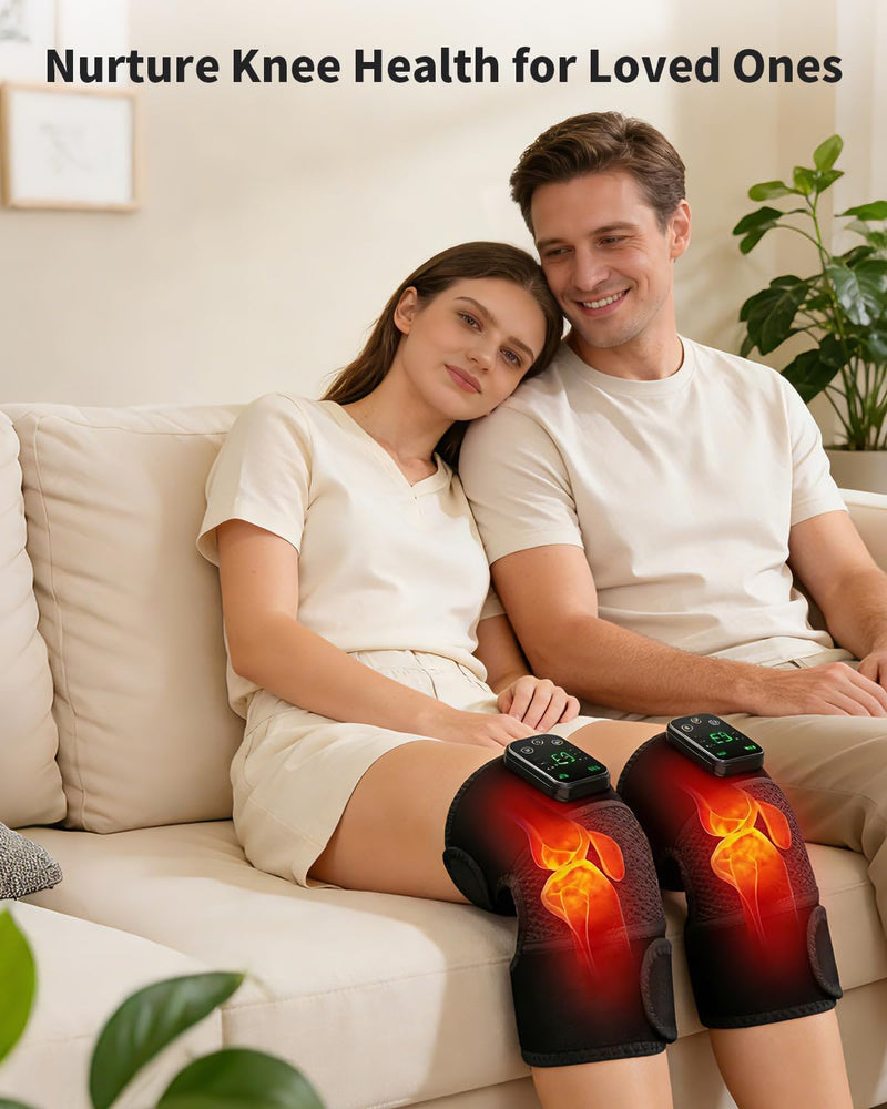 Cordless Knee Massager with Heat and Vibration for Pain Relief - Electric Heated Knee Brace Wrap with 3 Heat Levels & 3 Massage Modes, Portable Arthritis Joint Therapy for Men & Women (Black, Single) 1PC