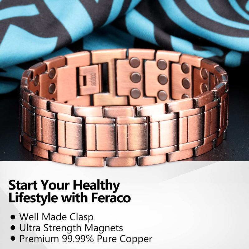 Feraco Copper Bracelet for Men, 3X Ultra Strength Magnetic Bracelets, 99.99% Pure Copper with 3500 Gauss Neodymium Magnets, Adjustable Classic Copper