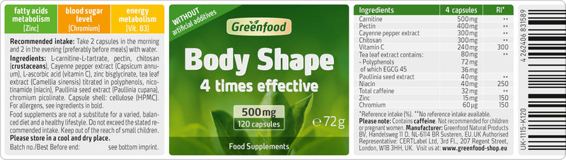 Body Shape, 500 mg, 120 Capsules, 4-fold Effective, Highly dosed. Without Artificial additives. Without Genetic Engineering.