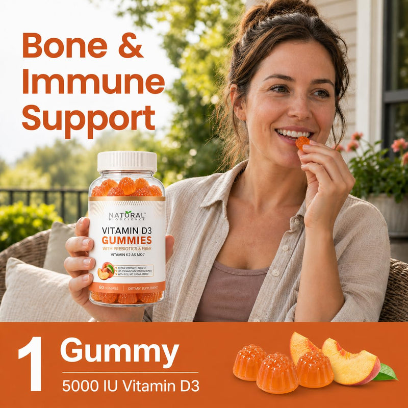 Sugar Free Vitamin D3 K2 Gummies - Vitamin D3 Gummies 5000 IU+K2 MK7 80 mcg, K2 D3 Vitamin Supplement Adults, Vitamin D K2 for Bones, Immune, Heart, Mood, Gluten-Free, Non-GMO, Natural Peach Flavor 1 Count (Pack of 180)