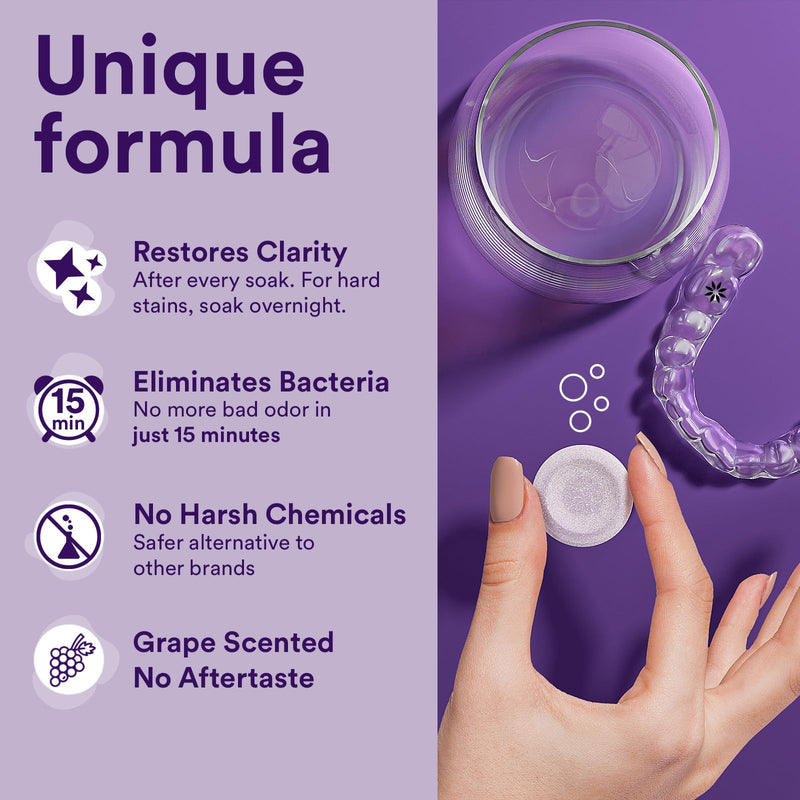 [Australia] - Retainer Cleaner Tablets, Invisalign Cleaner, Remove Stains, Odors & Plaque, Night Guard Cleaner, FSA & HSA Eligible, 1-Month Supply, Denture Cleaner, 30 Tablets, Grape-Scented 30 Count (Pack of 1) 