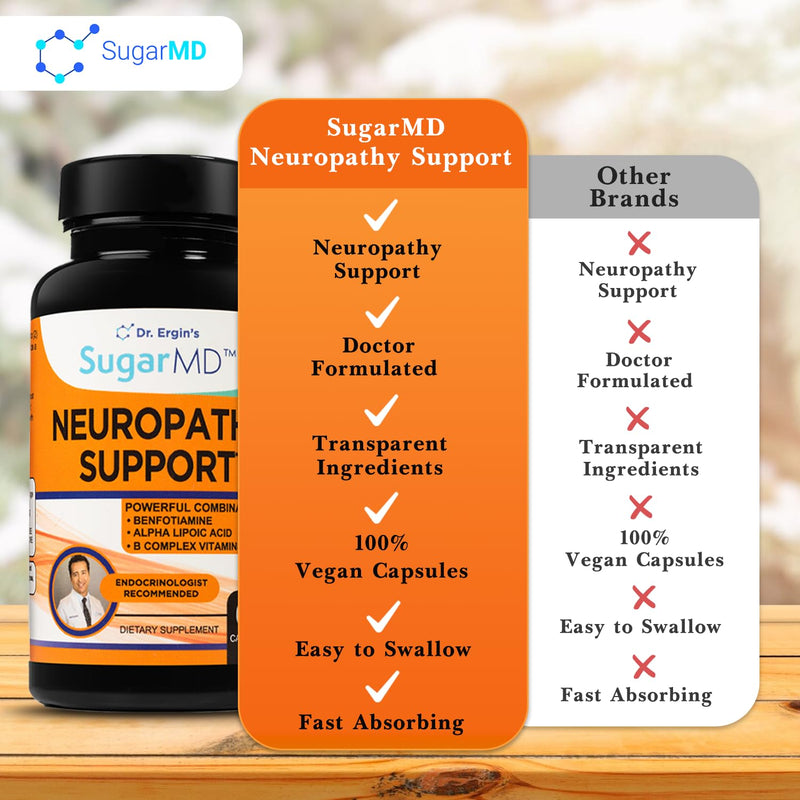 SugarMD Dr. Ergin's Neuropathy Support – 60 Nerve Supplement Capsules with Alpha Lipoic Acid Benfotiamine – Nerve Support Supplement for Feet, Hands, Fingers & Legs