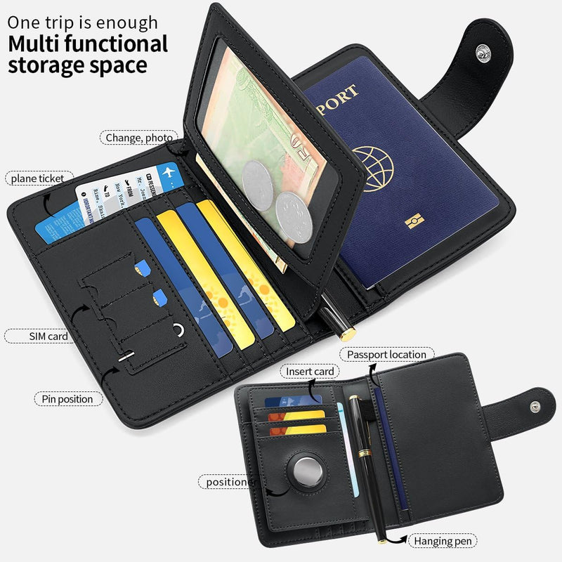 Passport Holder Wallet Bag with AirTag Holder, Card Slots and Passport Solt Ticket Cash Solt, Photo Solt Sim Card Pen Slot.Black Black