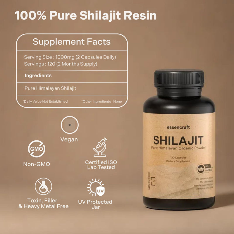 [Australia] - Organic Himalayan Shilajit Resin Extract - 1000mg Max Potency, Lab Tested Pure Shilajit for Men & Women, 85+ Trace Minerals Fulvic Acid, Immune Support, Energy, Cognition, 2 Month Supply, 120 Capsules 