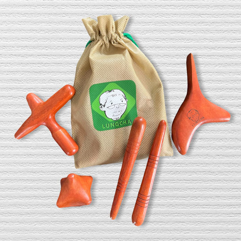 [Australia] - Lungcha 4 Types, 5 Piece Set Traditional Thai Massage Reflexology Wooden Stick Tool (Set of 4 Types Body Hand Foot Massage) 