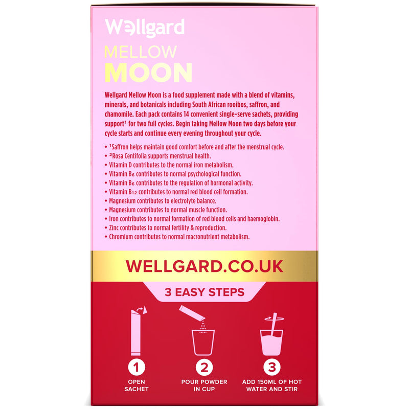 Wellgard Mellow Moon - Menstrual & Period Comfort with Saffron, Shatavari, Rosa Centifolia, Magnesium, Iron, B-Vitamins, Zinc & Chromium, 14 Sachets for 2-3 Cycles