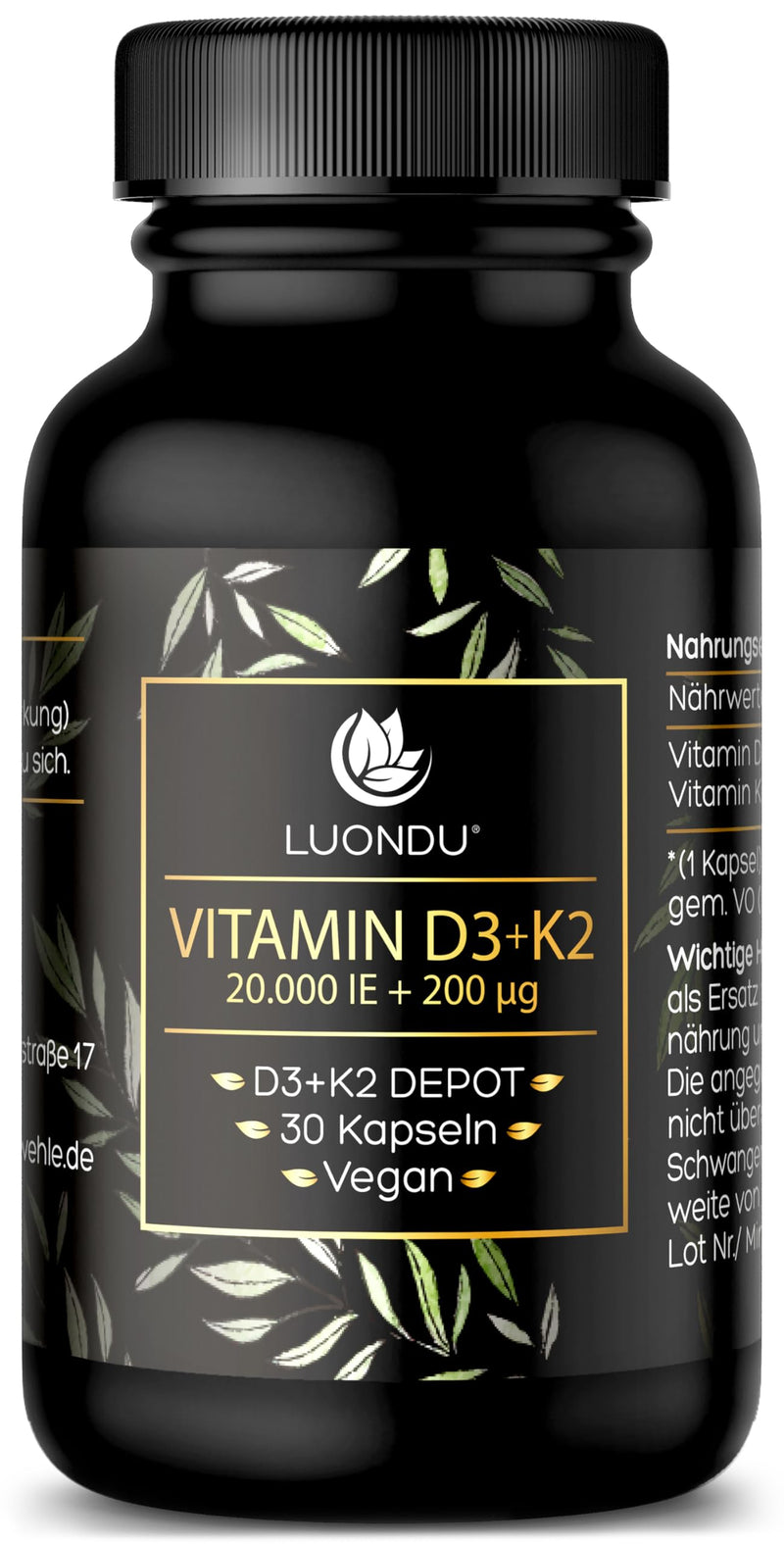[Australia] - Luondu Vitamin D3 20,000 IU + Vitamin K2 MK7 200 mcg Depot (High Dose & Vegan) High Dose I No Additives, Made in Germany (30 Capsules) 