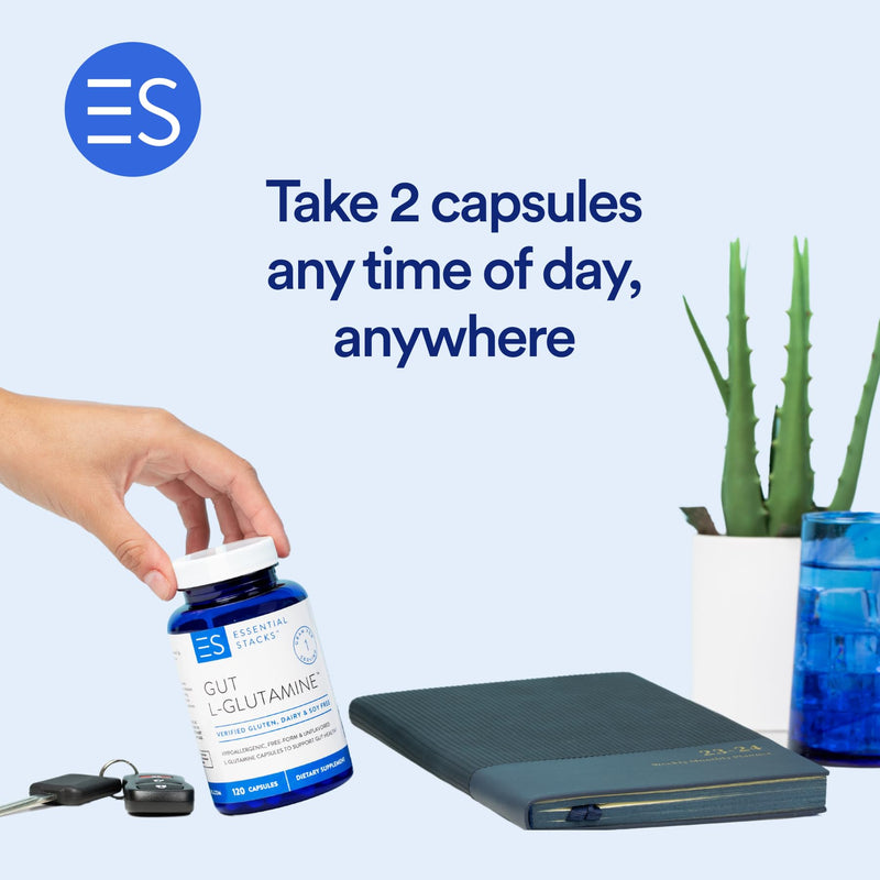 [Australia] - Essential Stacks Gut L-Glutamine Capsules 1000mg (Made in USA) - Gluten, Dairy & Soy Free, Non-GMO L Glutamine for Gut Health - 60 Serves (120 Caps) 