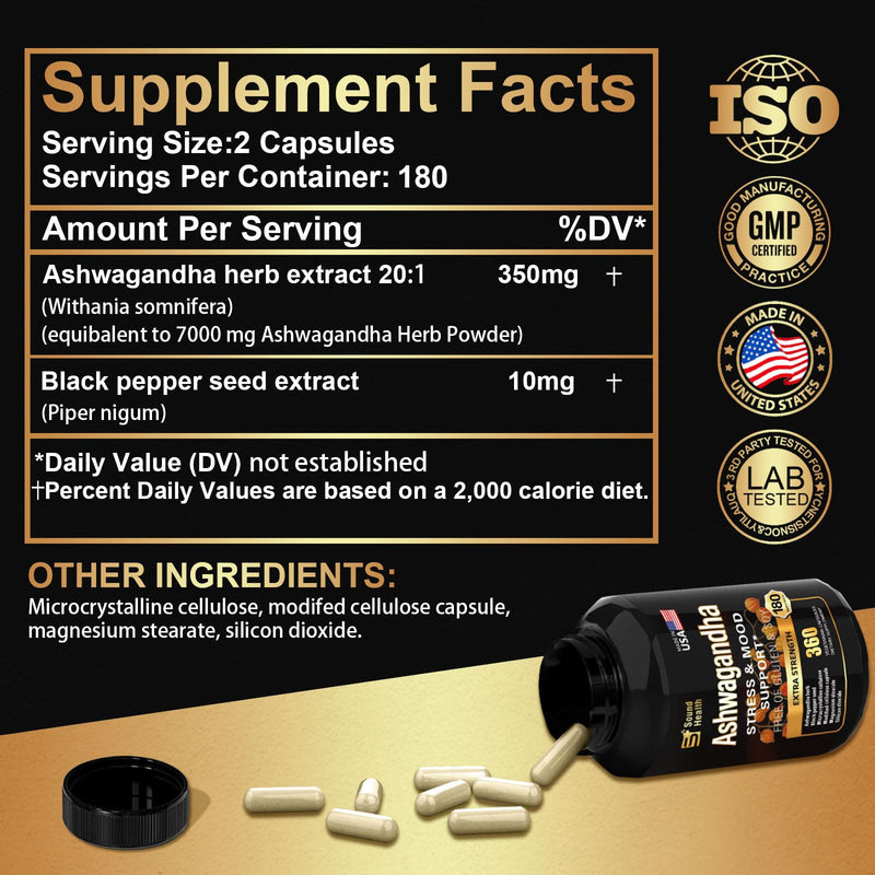 [Australia] - SoundHealth Organic Ashwagandha Capsules Supplement - 7000mg Herb Powder Equivalent per Serving - Immune Support, Hormone Balance - Enhanced Nutrient Absorption - 360 Capsules (180 Servings) 1 Count (Pack of 360) 