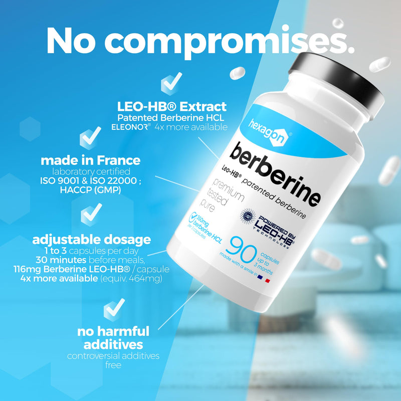 Berberine HCL with Patented Leo-HB® Technology - Up to 3-Month Supply - 4X Enhanced Absorption - Berberis Aristata Extract - 90 Vegan Capsules - Made in France - Hexagon