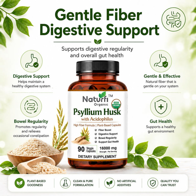 Naturfi Organic - Fibre Supplement 16,000 mg Psyllium Husk with Acidophilus - High Strength - Natural Soluble Fiber Supplement from Plantago Ovata Seeds, Vegan Capsules (270 Capsules (Pack of 3)) 270 Capsules (Pack of 3)