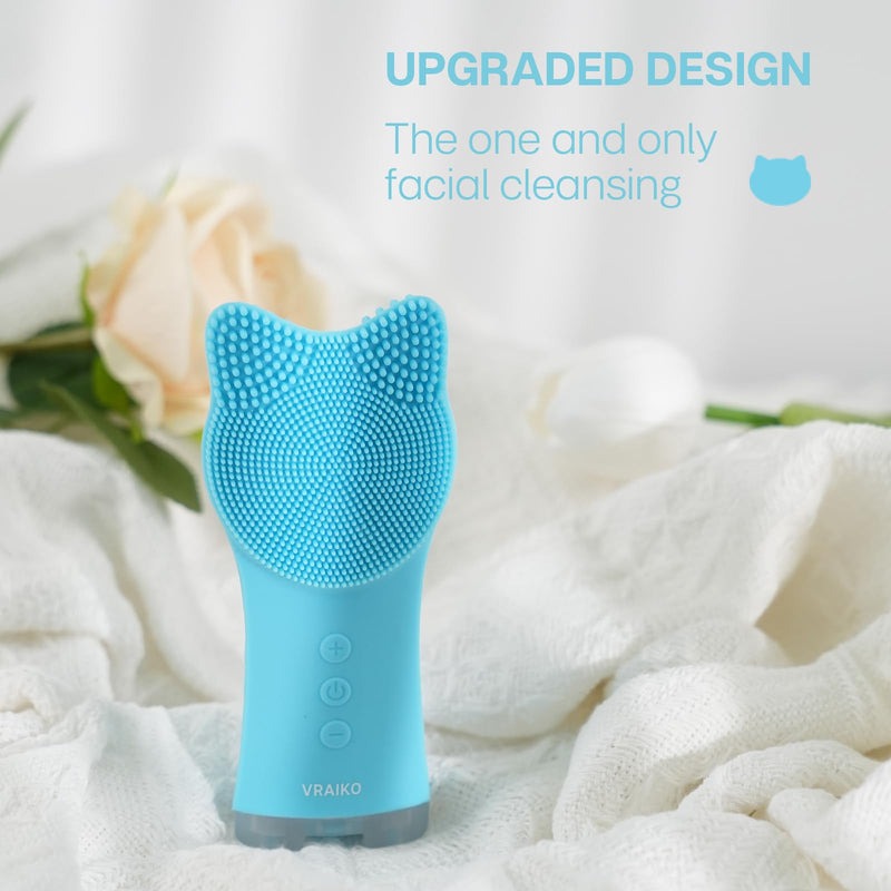 VRAIKO MIA Facial Cleansing Brush, Waterproof Rechargeable Face Cleansing Brush, with Soft Silicone and Adjustable Sonic Vibration, for Deep Cleansing Gentle Exfoliating and Massaging (Blue) Blue