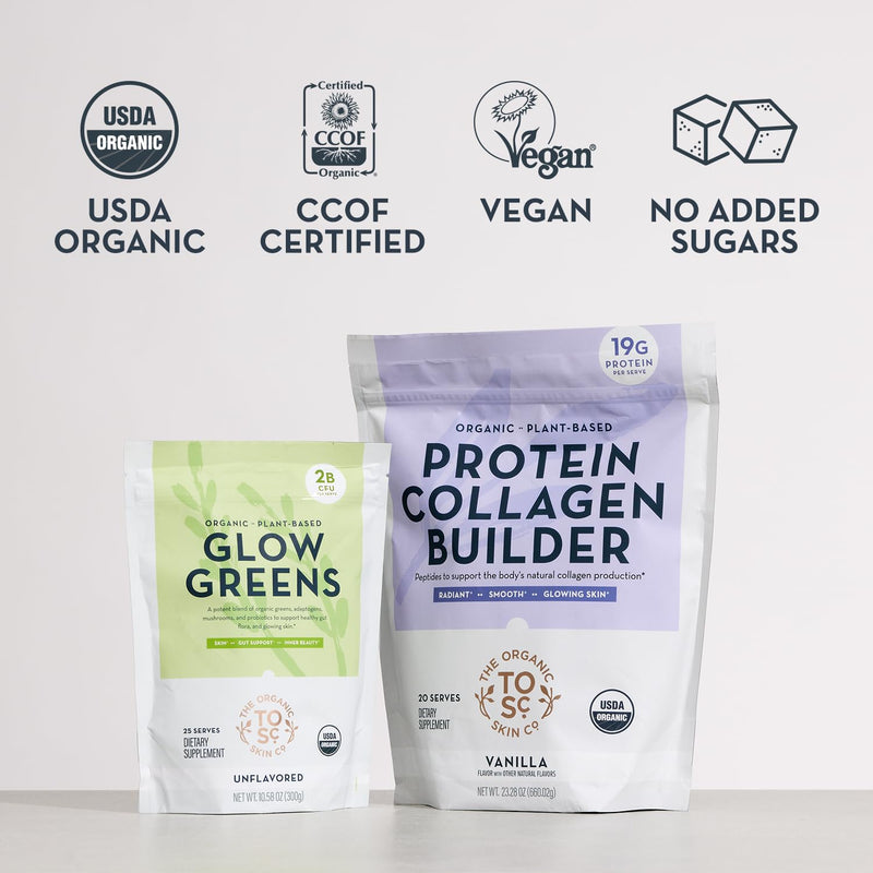 Organic Greens Powder Drink Mix | Skin & Gut Health USDA Organic Superfood Blend Probiotics Digestive Enzymes Tremella Mushroom Biotin Vitamin C & Bamboo Silica Vegan Glow Greens Unflavored 25 Serving