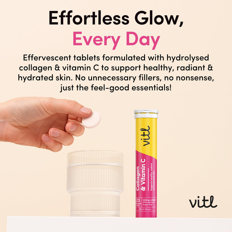 Vitl Collagen & Vitamin C Effervescent Tablets | Nutritional Support for Skin, Hair, Nails & Joints | Collagen Supplements for Women | Peach Flavour (20 Tablets)