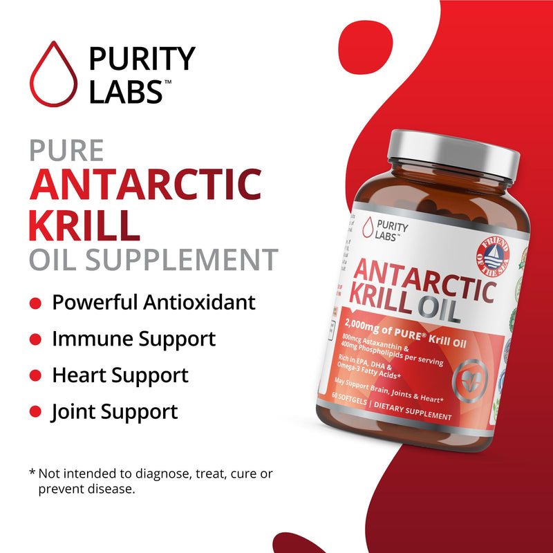 [Australia] - Purity Labs Antarctic Krill Oil 2000mg Omega-3 with Astaxanthin 800mcg Supplements to Support Memory, Heart, Brain Health - Rich in Omega 3, Fatty Acids, DHA, EPA & Phospholipids - 60 Softgels 